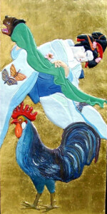 2 Leeuwendans, geisha met haan, olieverf en doublé met bladgoud,120 x 61 cm, 2004-2005