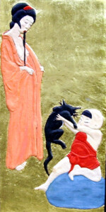 nr. 10 Geisha met kind en kat, olieverf en doublé met bladgoud, 120 x 61 cm, 2004-2005