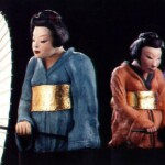 ´Blauwe vlinder en Perzikbloesem´, olieverf met goud-doublé op obi, hoogte 74 cm, 1991